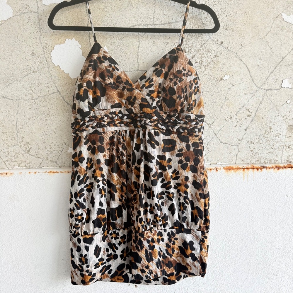 Vintage Cami Top Leopard Print Tunic Tank Braided Empire Waist Y2K Animal Print